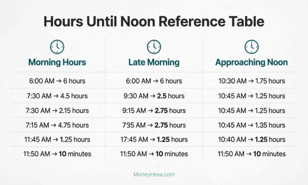Hours Until Noon Reference Table