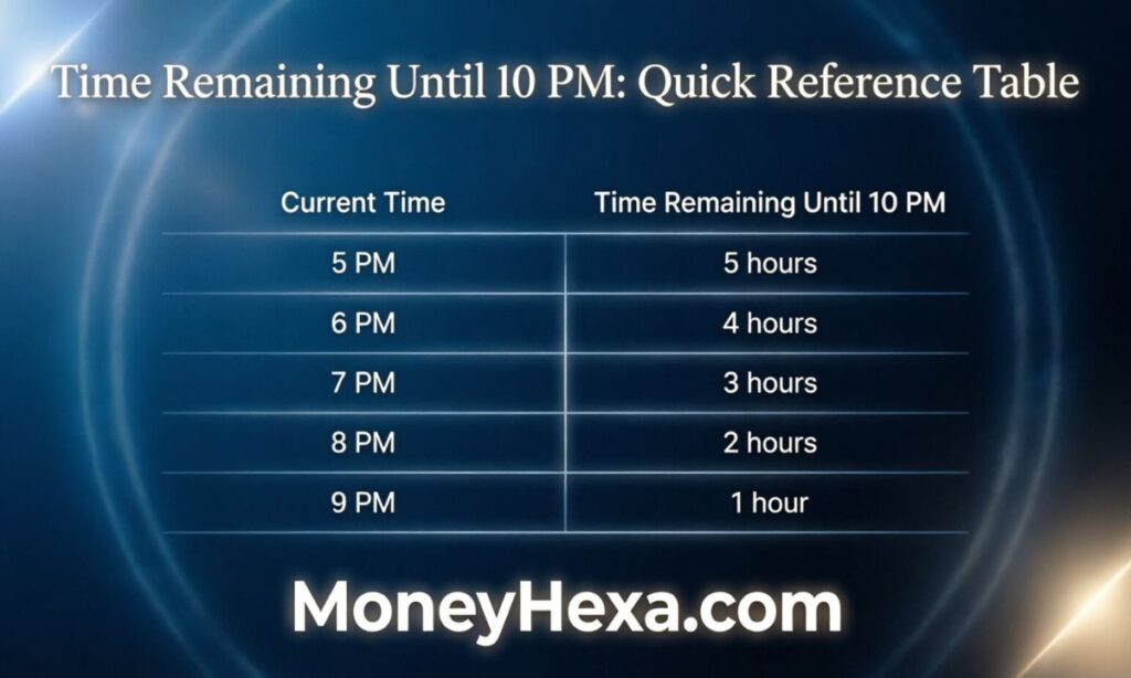 Time Remaining Until 10 PM Quick Reference Table