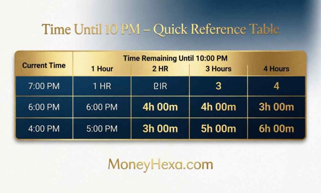 Time Remaining Until 10 PM Quick Reference Table